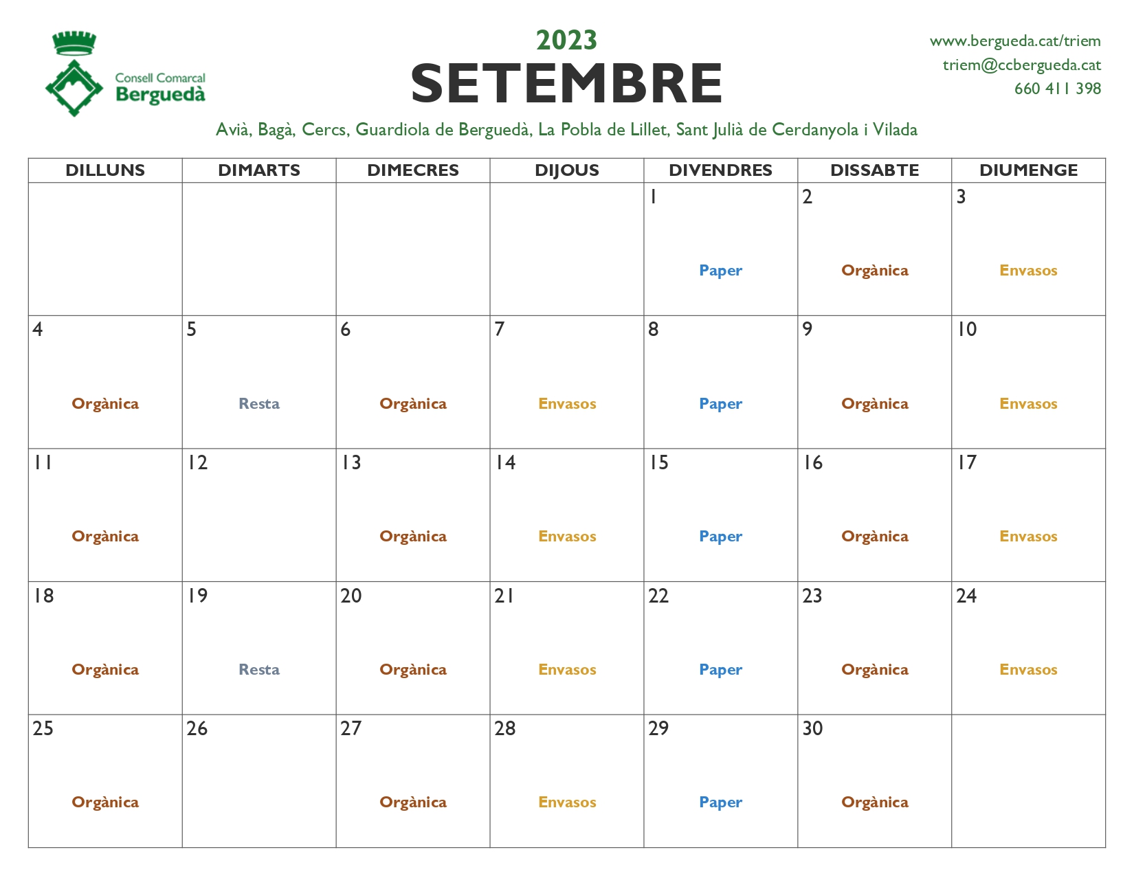 Calendari mes de Setembre 