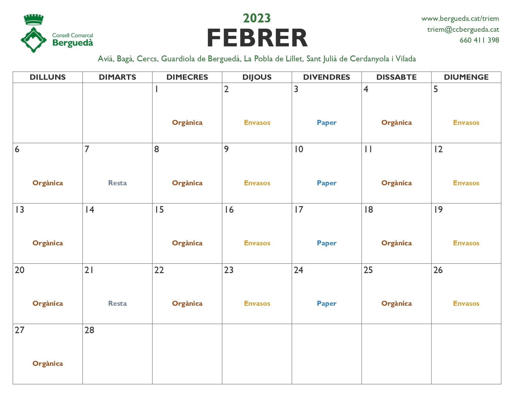 Calendari mes de Febrer 